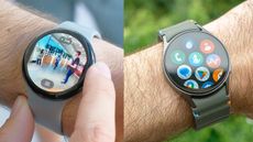 The Google Pixel Watch 3 on the left and Samsung Galaxy Watch 7 on the right, both are close-ups of the devices on users' wrists