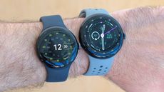 Google Pixel Watch 3 (right) on the wrist next to a Pixel Watch 2