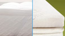 A split screen of the Linenspa Down Alternative Fiber Bed Mattress Topper vs The Naturepedic Adagio Organic Latex Topper